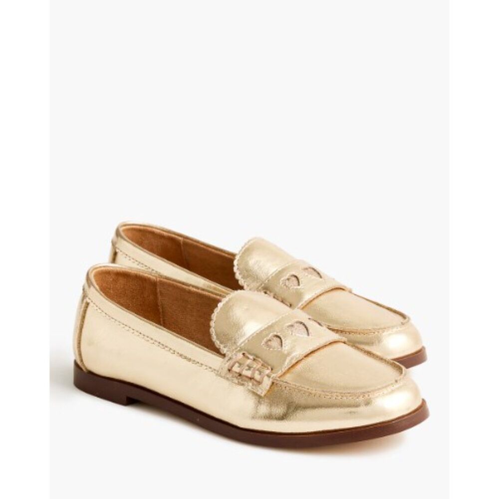 J.Crew Girls Gold Heart Loafers Size K5 | Metallic Wedding Party Dress Shoes